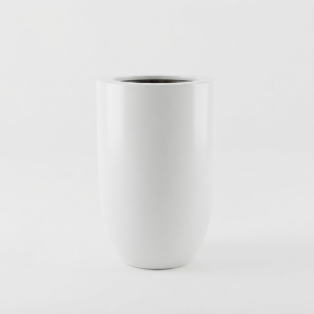 Tall glossy white fiberglass planter with a rounded base on a plain white studio background.