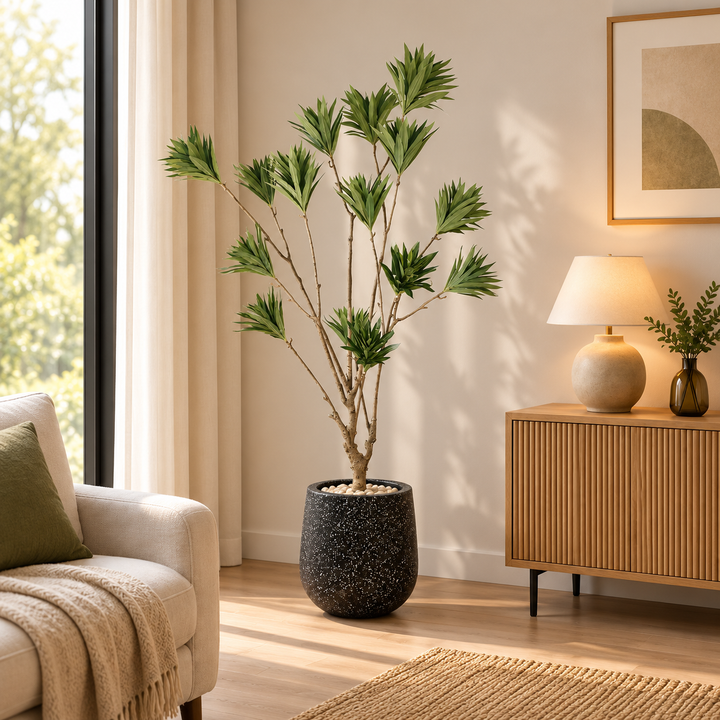 180 cm artificial green foliage tree with fan-shaped leaf sprays and branching woody stems in a black speckled fiberglass pot with pale decorative stones.