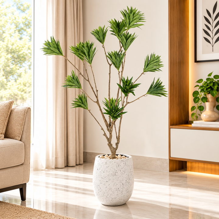 180 cm artificial green foliage tree with fan-shaped leaf sprays and branching woody stems in a white speckled fiberglass pot with pale decorative stones.