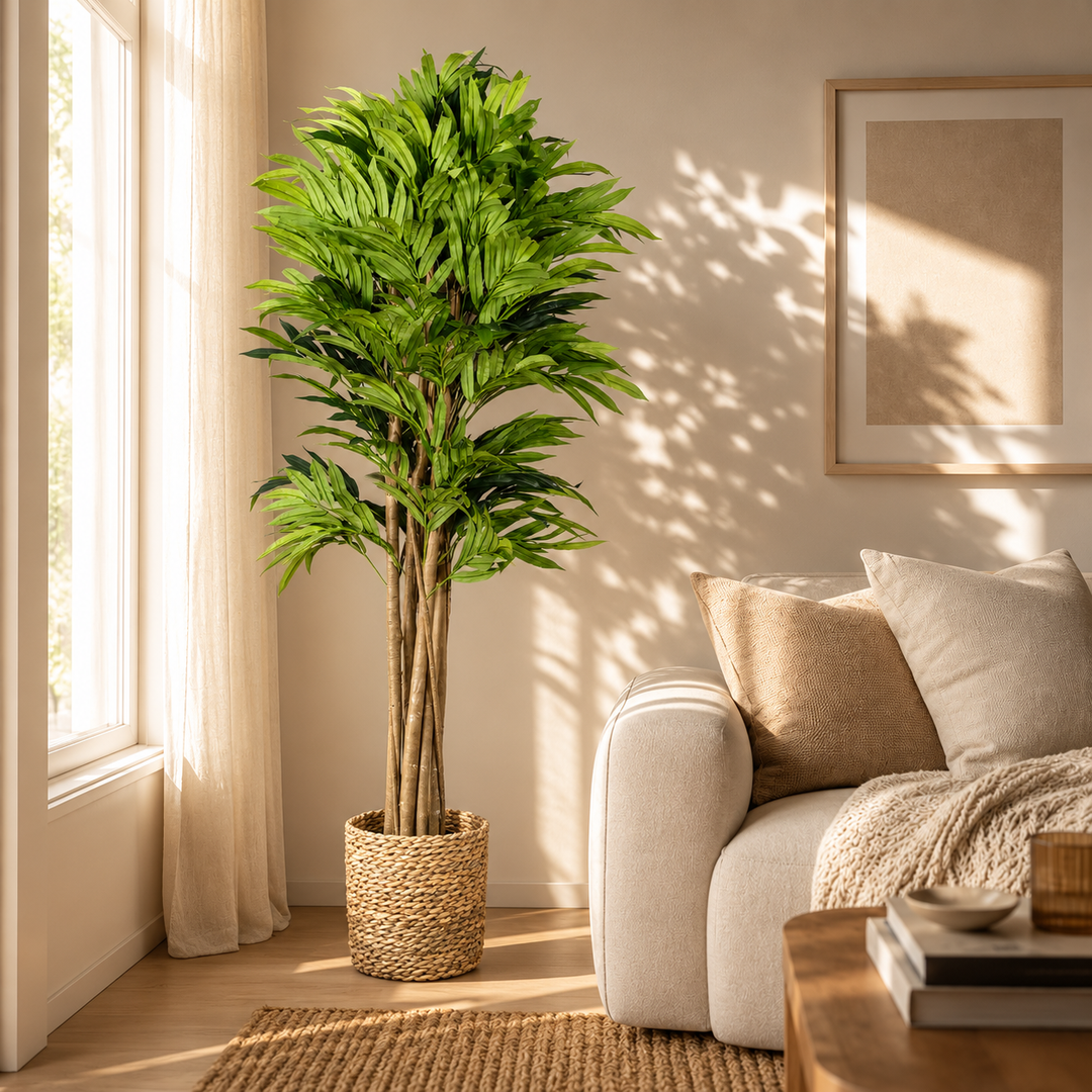 180 cm artificial green foliage tree with narrow pointed leaves and clustered woody trunks in a natural woven basket beside a cream sofa.