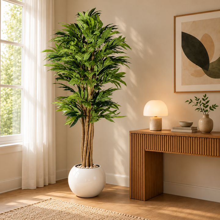 190 cm artificial green foliage tree with narrow leaves and clustered woody trunks in a rounded glossy white fiberglass pot, styled with pale pebbles.