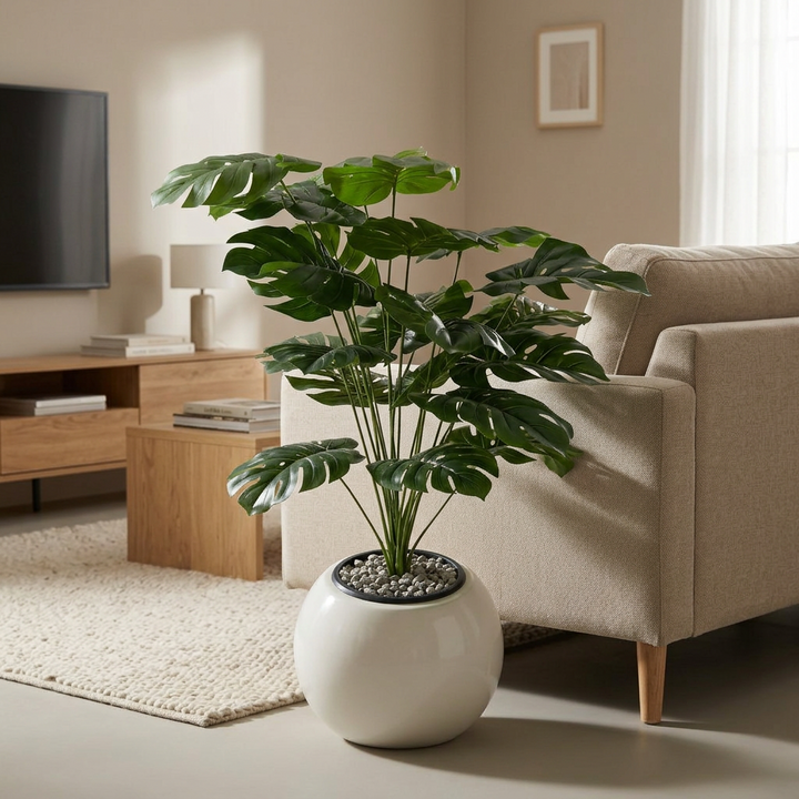 Artificial Monstera Plant – White Fiberglass Pot