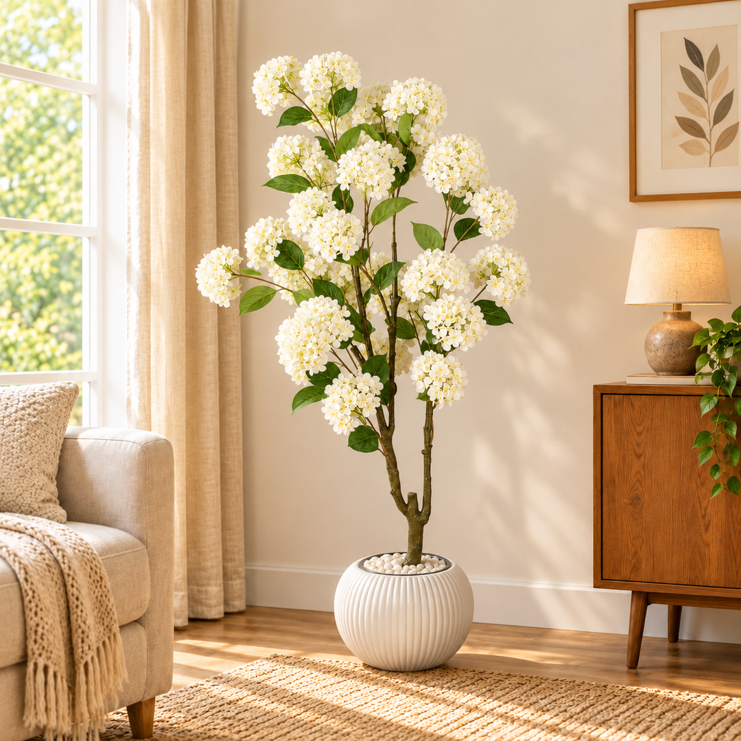 165 cm artificial white hydrangea tree with green leaves in a spherical white ribbed pot styled with white decorative pebbles.