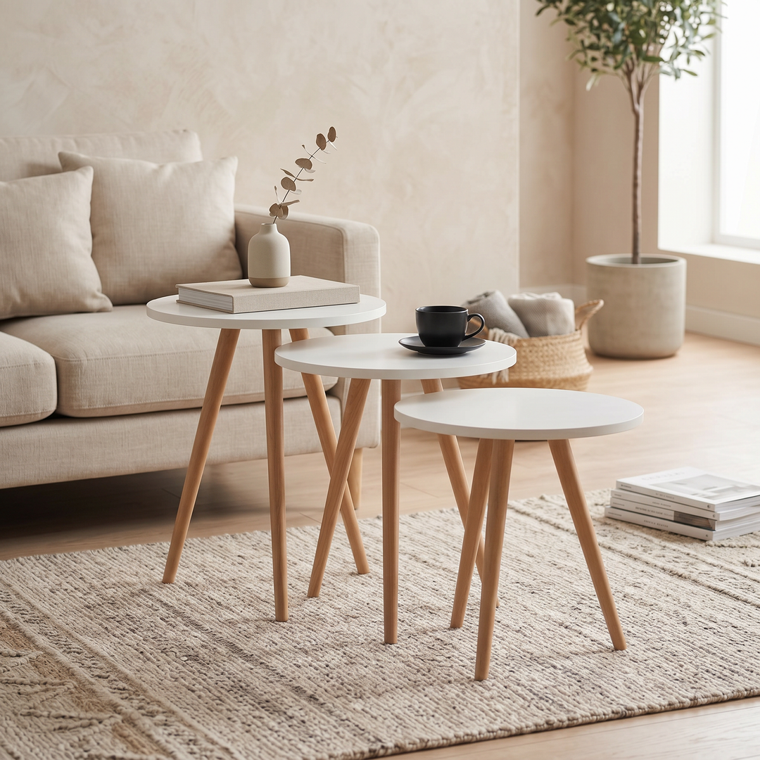 Modern Nesting Side Tables Set of 3 – MDF Top & Beech Wood Legs