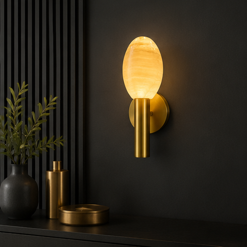 Luxury Oval Alabaster Wall Sconce in Brushed Antique Brass