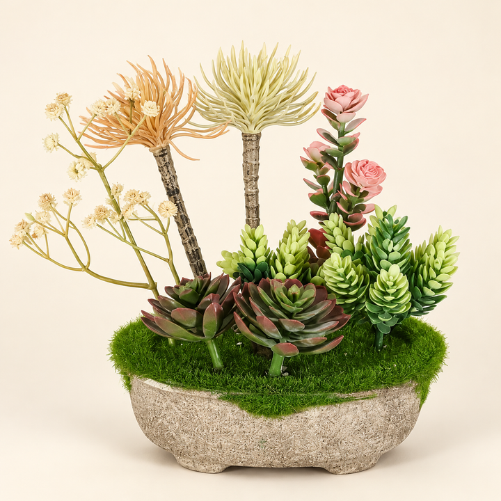 Mixed artificial succulents with blush and cream upright accents and moss in a rustic oval planter on an ivory studio background