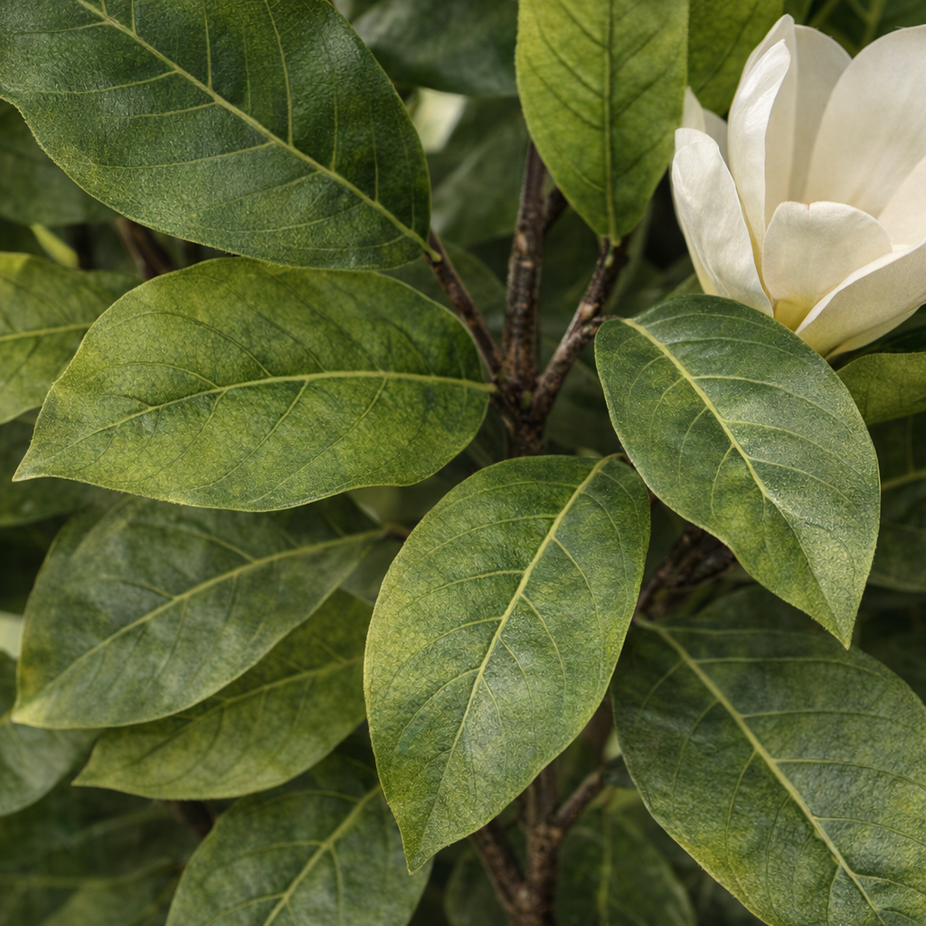 Artificial White Magnolia Tree – 160 cm | Two-Tone Woven Planter — foliage close-up
