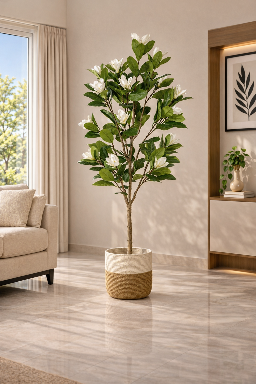 Artificial White Magnolia Tree – 160 cm | Two-Tone Woven Planter — interior lifestyle view