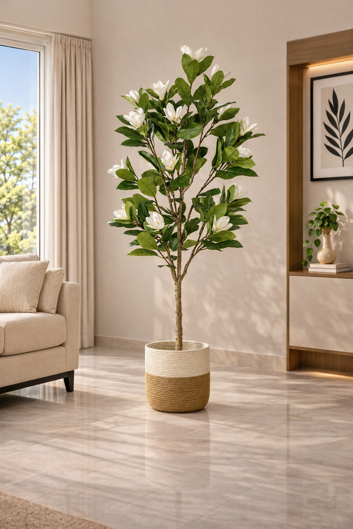 Artificial White Magnolia Tree – 160 cm | Two-Tone Woven Planter — interior lifestyle view