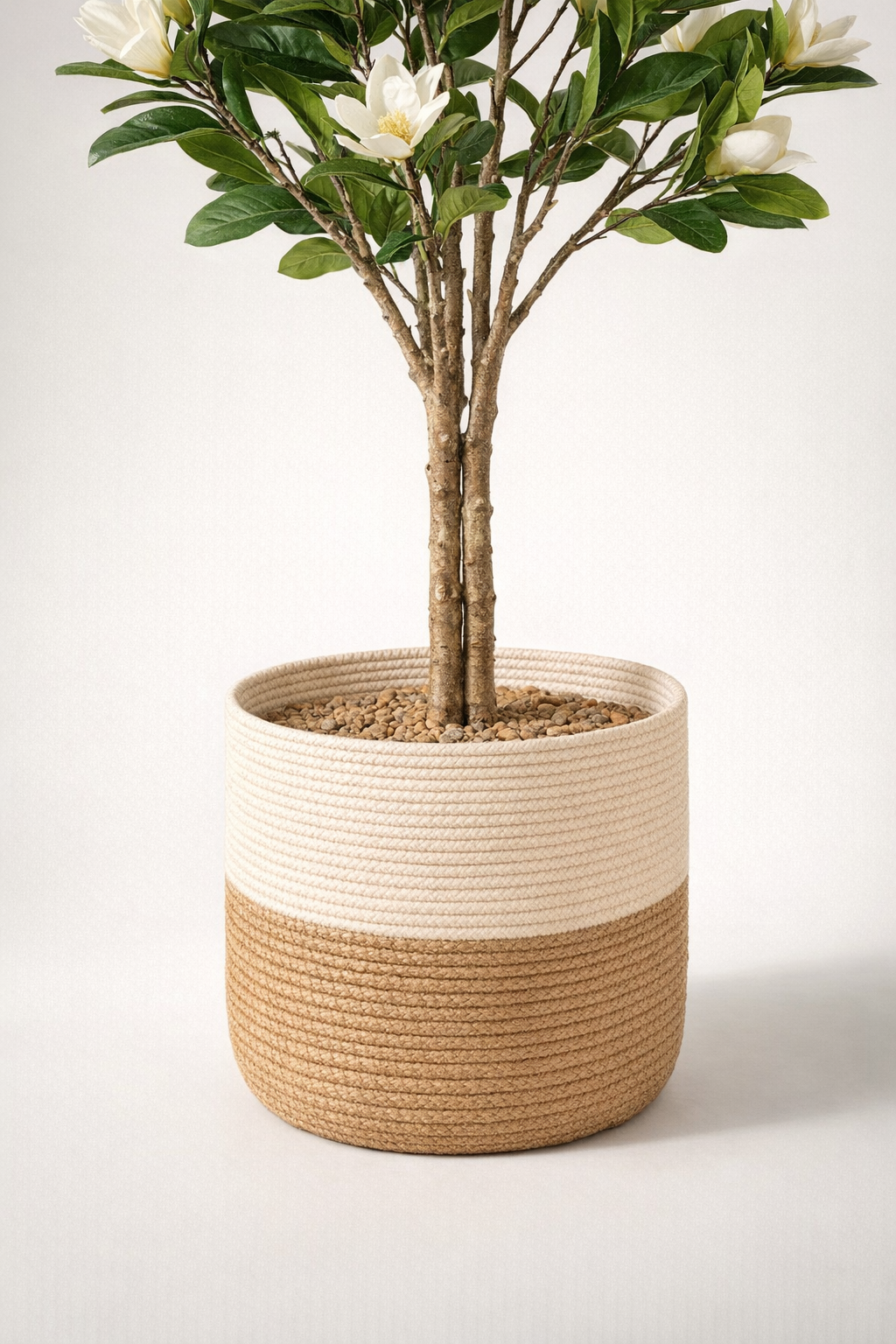 Artificial White Magnolia Tree – 160 cm | Two-Tone Woven Planter — trunk and original planter close-up