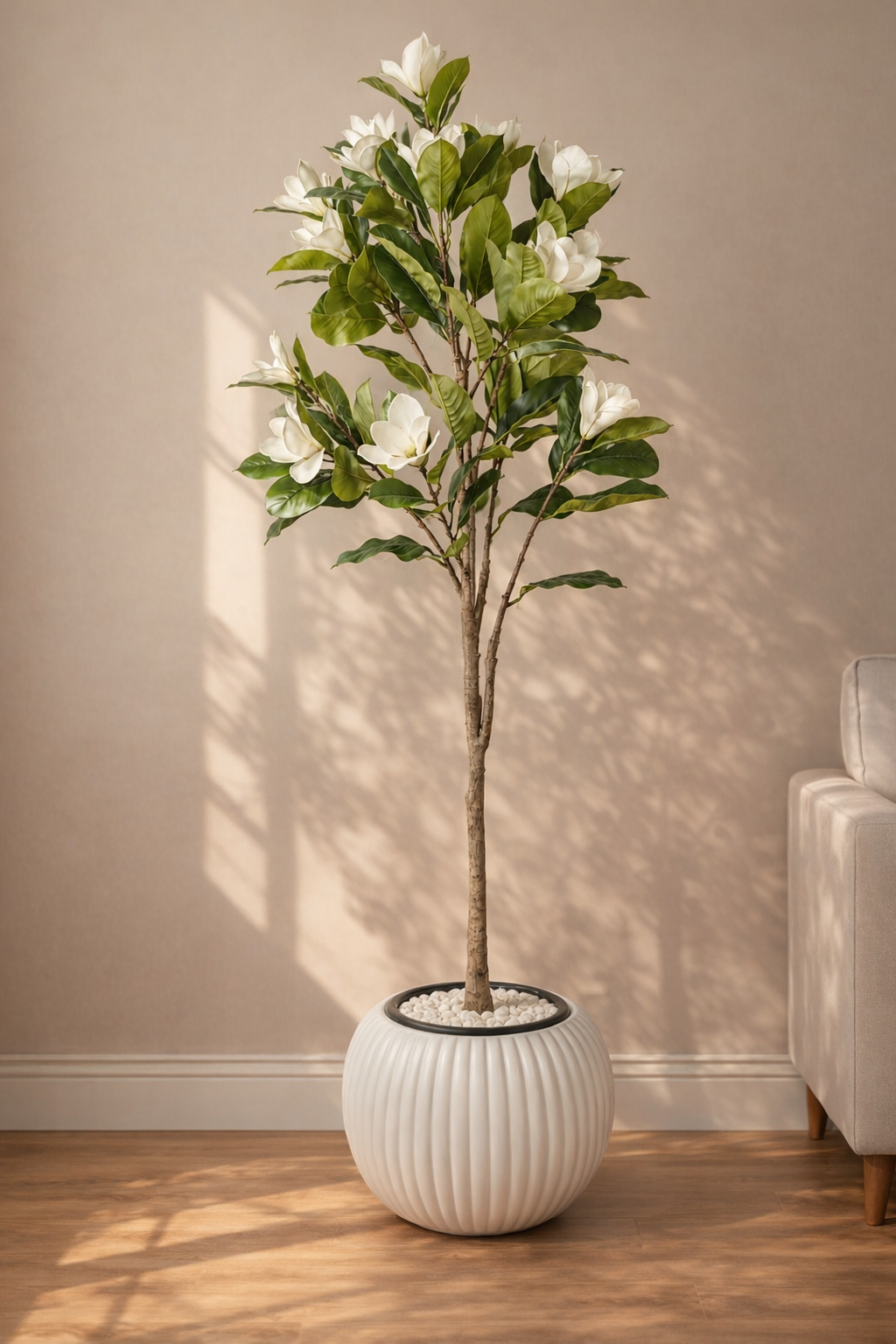 Artificial White Magnolia Tree – 170 cm | White Ribbed Pot — interior lifestyle view