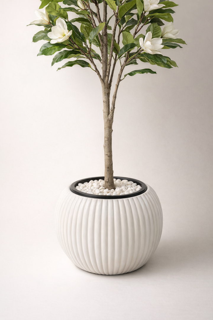 Artificial White Magnolia Tree – 170 cm | White Ribbed Pot — trunk and original planter close-up