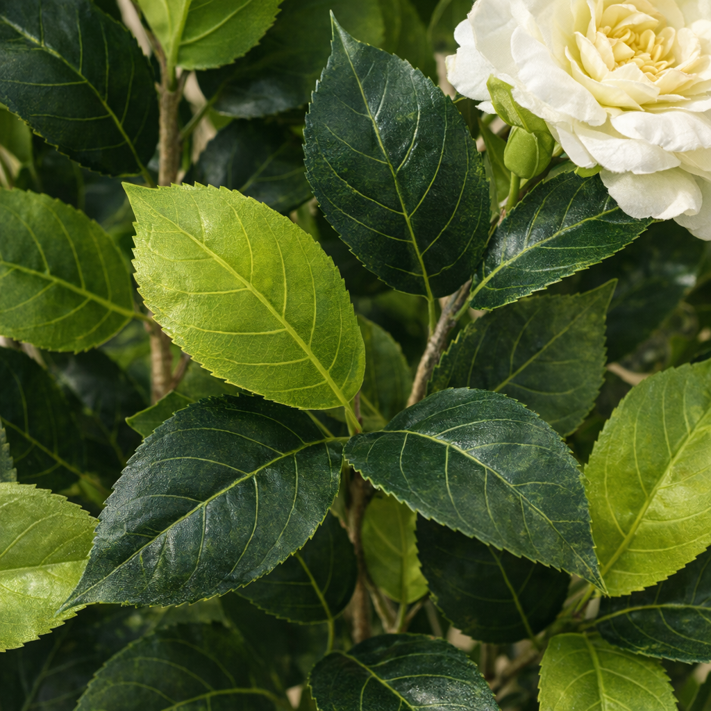 Artificial White Flowering Tree – 150 cm | Two-Tone Woven Planter — foliage close-up