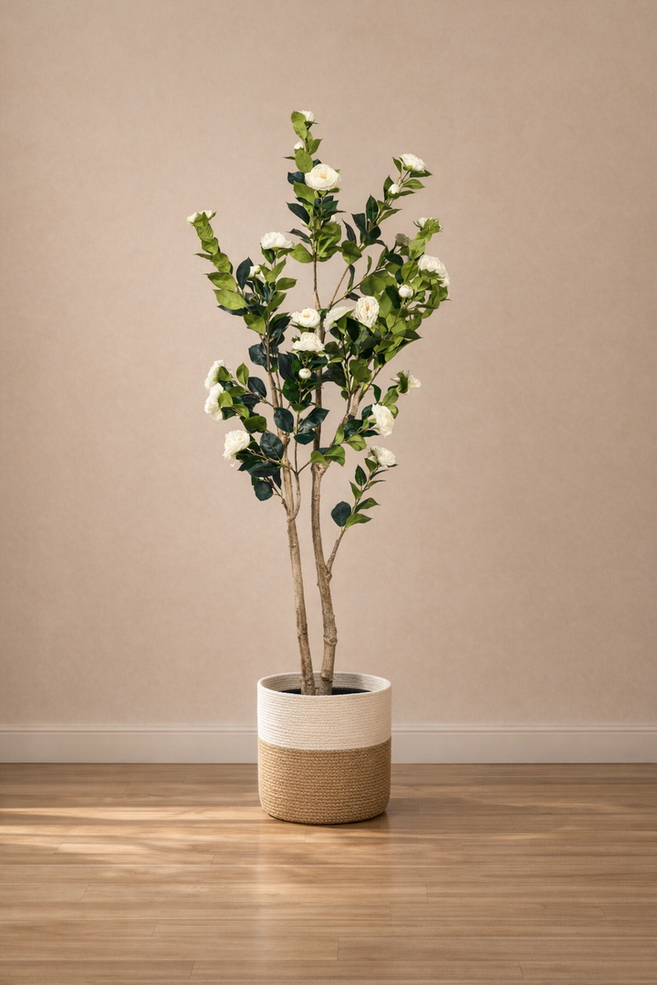 Artificial White Flowering Tree – 150 cm | Two-Tone Woven Planter — interior lifestyle view