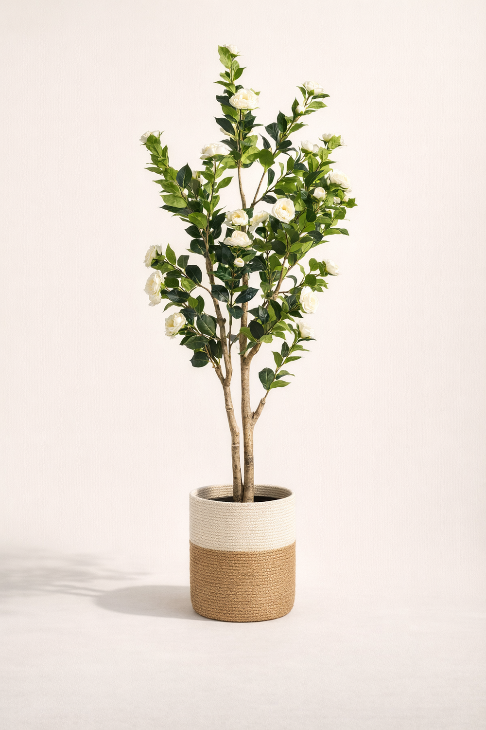 Artificial White Flowering Tree – 150 cm | Two-Tone Woven Planter — full studio view