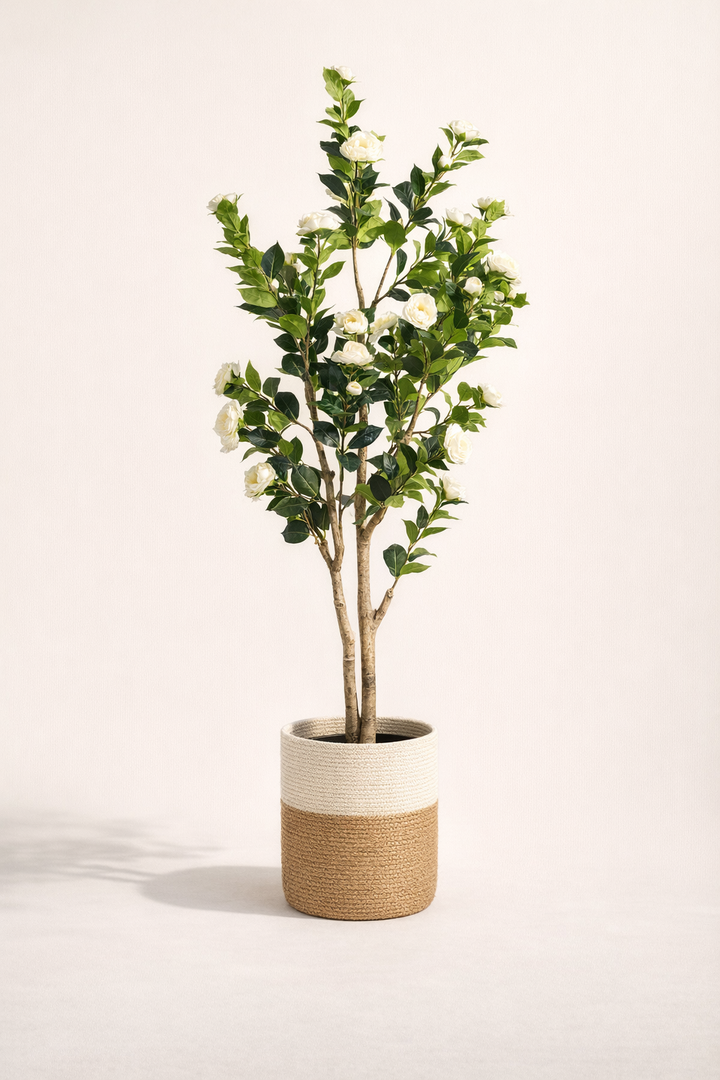 Artificial White Flowering Tree – 150 cm | Two-Tone Woven Planter — full studio view