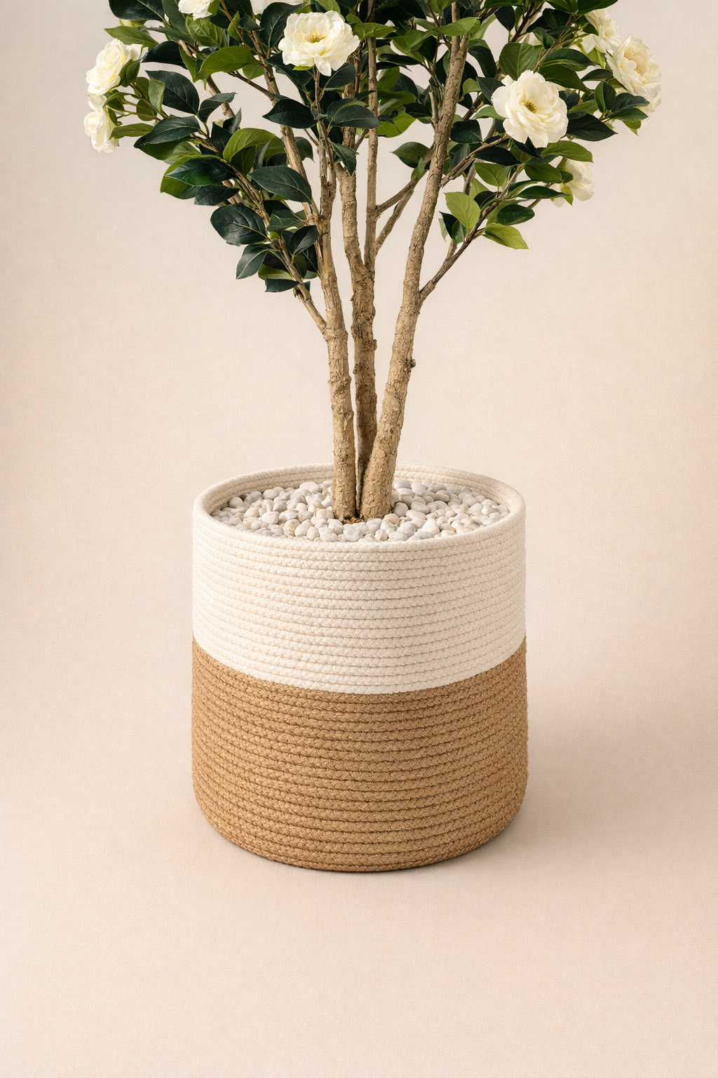 Artificial White Flowering Tree – 150 cm | Two-Tone Woven Planter — trunk and original planter close-up