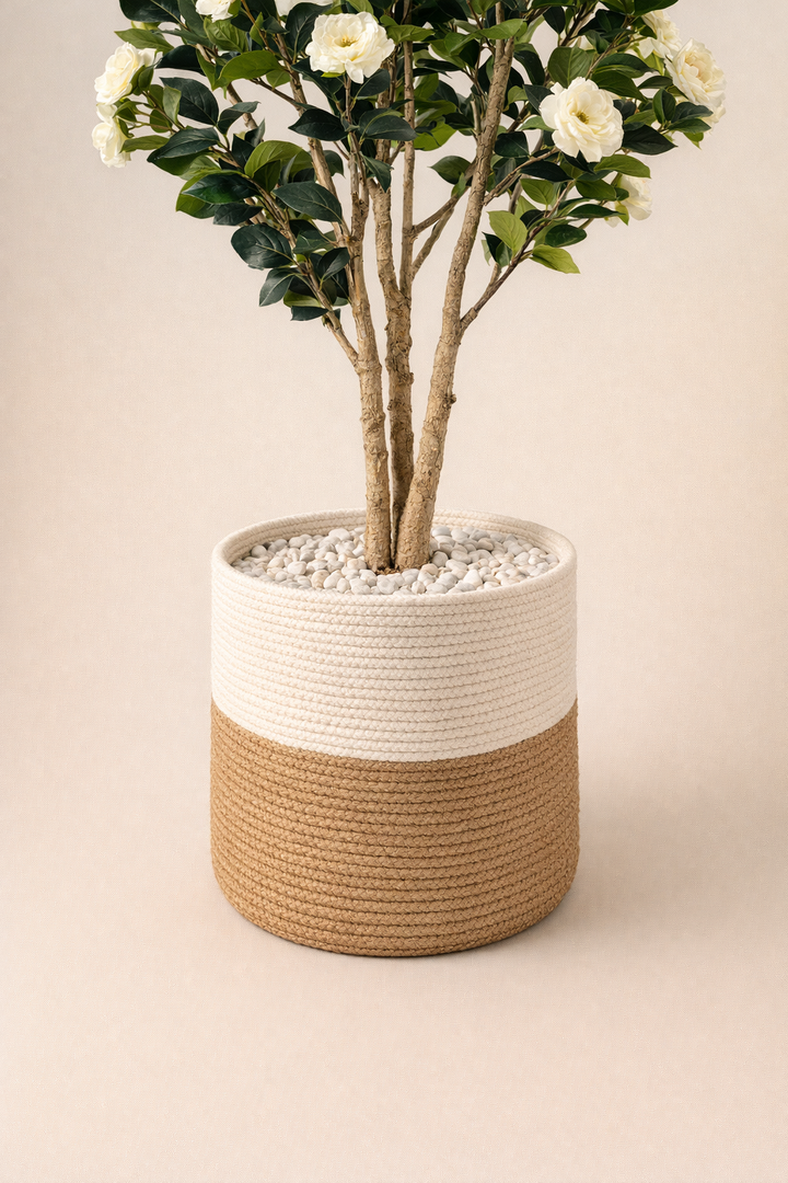 Artificial White Flowering Tree – 150 cm | Two-Tone Woven Planter — trunk and original planter close-up