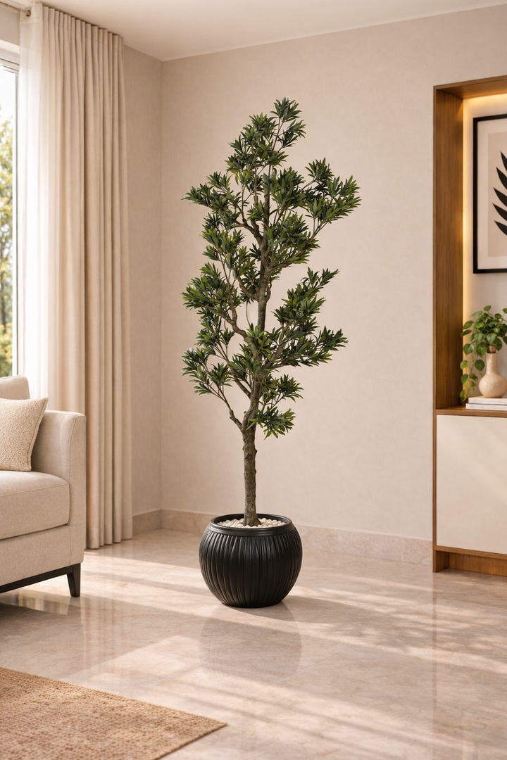Artificial Narrow Leaf Tree – 160 cm | Black Ribbed Planter — interior lifestyle view