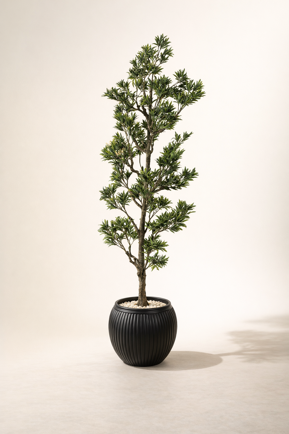 Artificial Narrow Leaf Tree – 160 cm | Black Ribbed Planter — full studio view