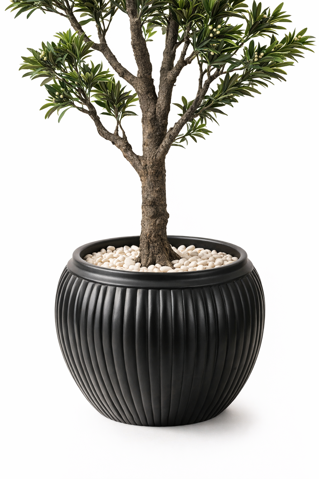 Artificial Narrow Leaf Tree – 160 cm | Black Ribbed Planter — trunk and original planter close-up