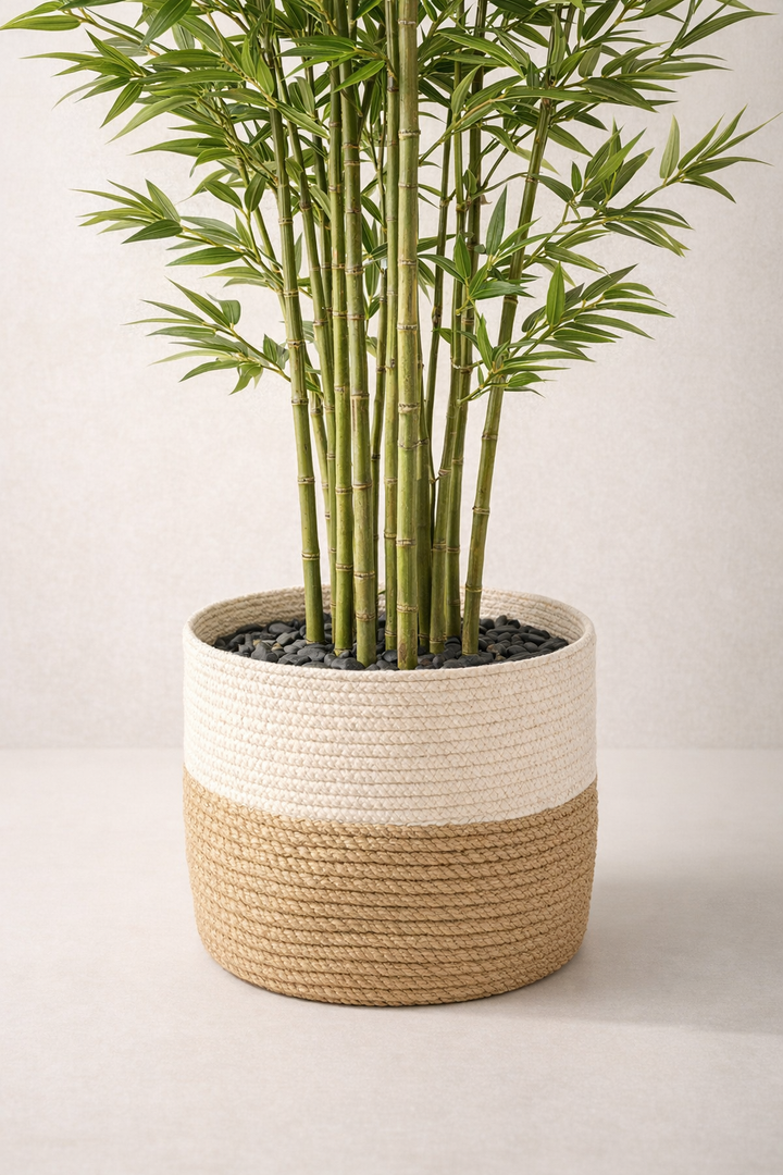 Artificial Bamboo Tree in Two-Tone Woven Pot – 160 cm — trunk and original planter close-up