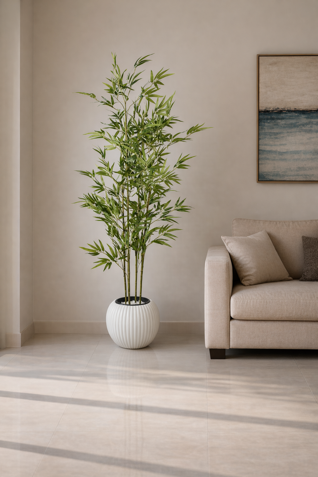 Artificial Bamboo Tree in White Ribbed Pot – 170 cm — interior lifestyle view