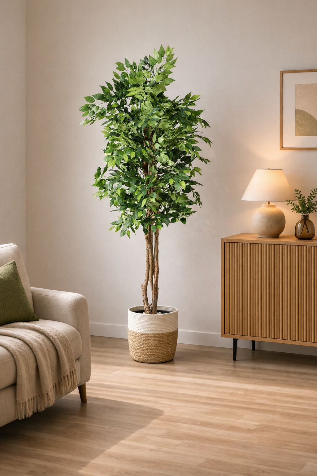 Artificial Ficus Tree in Two-Tone Woven Pot – 200 cm — interior lifestyle view