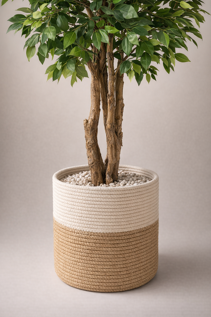 Artificial Ficus Tree in Two-Tone Woven Pot – 200 cm — trunk and original planter close-up