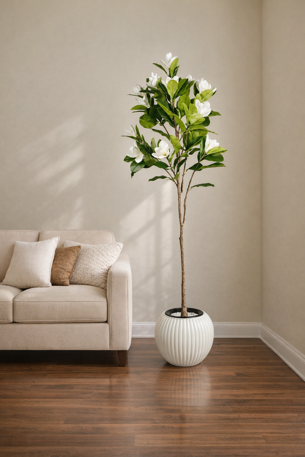 White Magnolia Artificial Tree in White Ribbed Pot – 170 cm — interior lifestyle view
