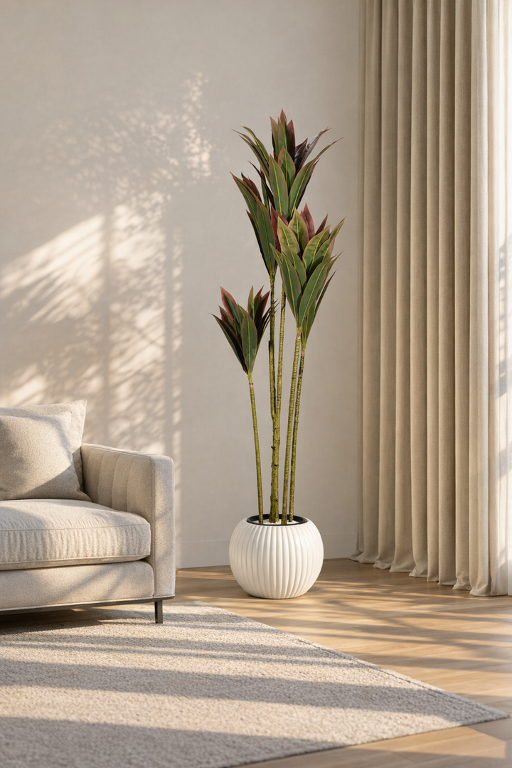 Artificial Dracaena in White Ribbed Pot – 180 cm — interior lifestyle view