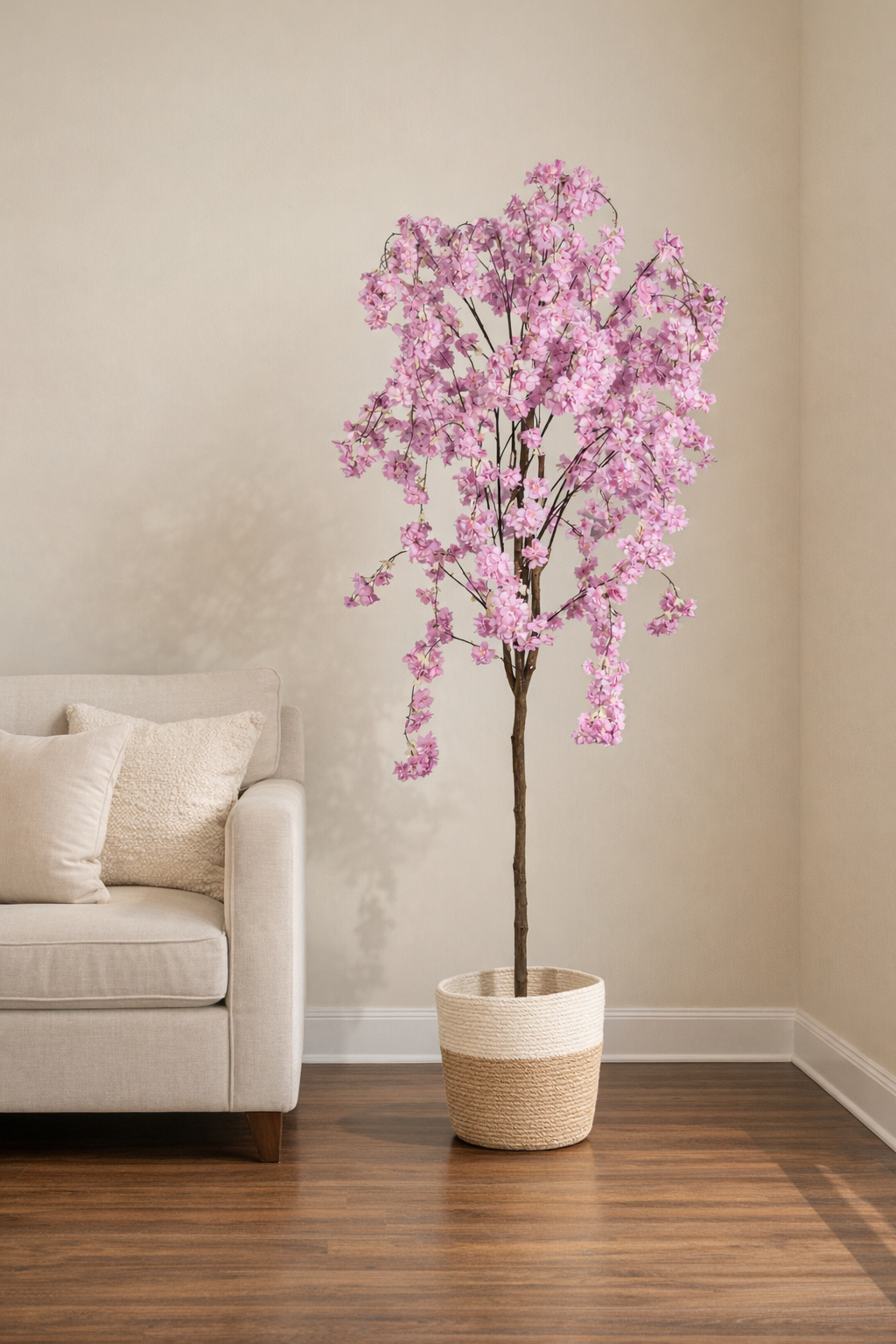 Pink Flowering Artificial Tree in Two-Tone Woven Pot – 155 cm — interior lifestyle view