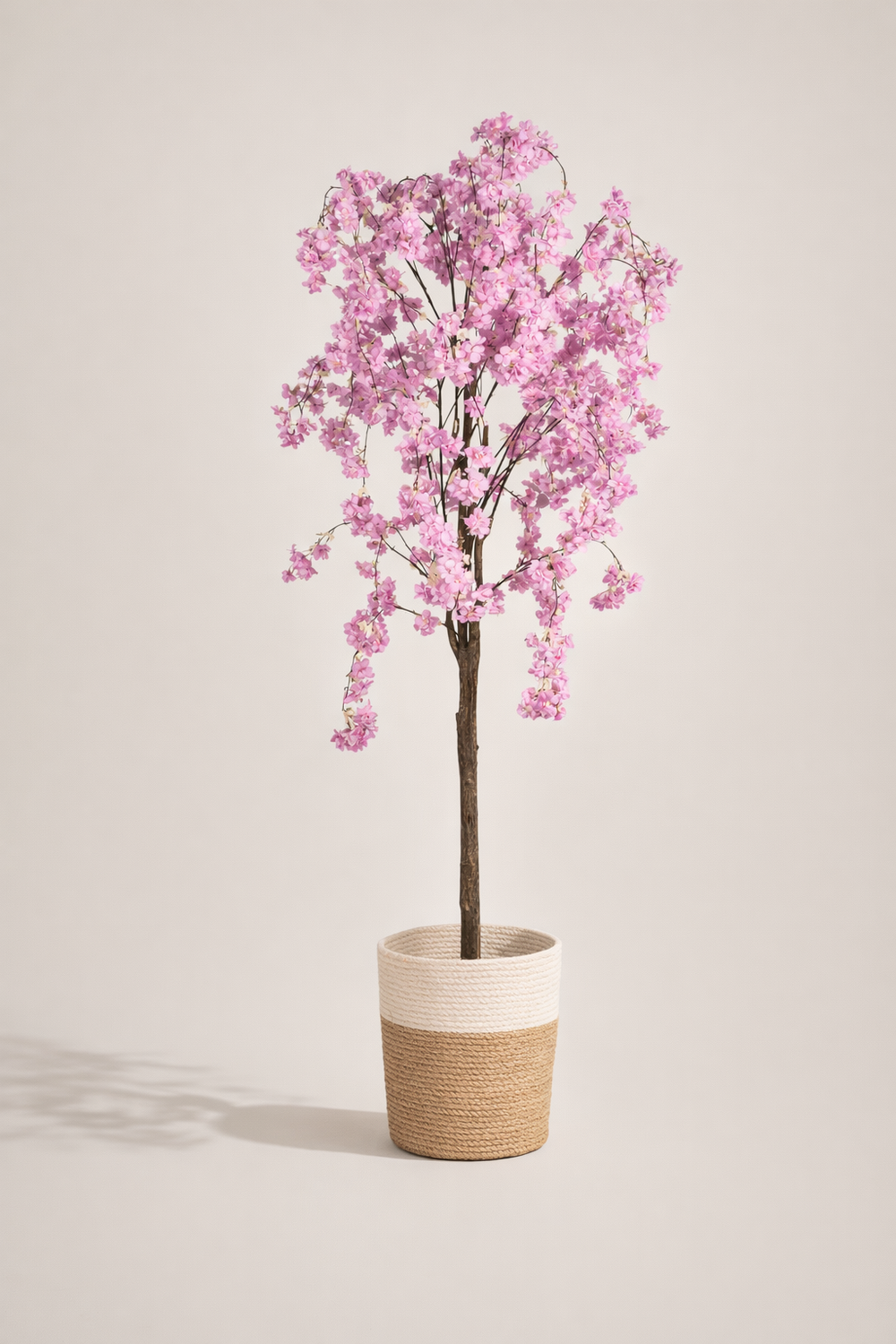 Pink Flowering Artificial Tree in Two-Tone Woven Pot – 155 cm — full studio view