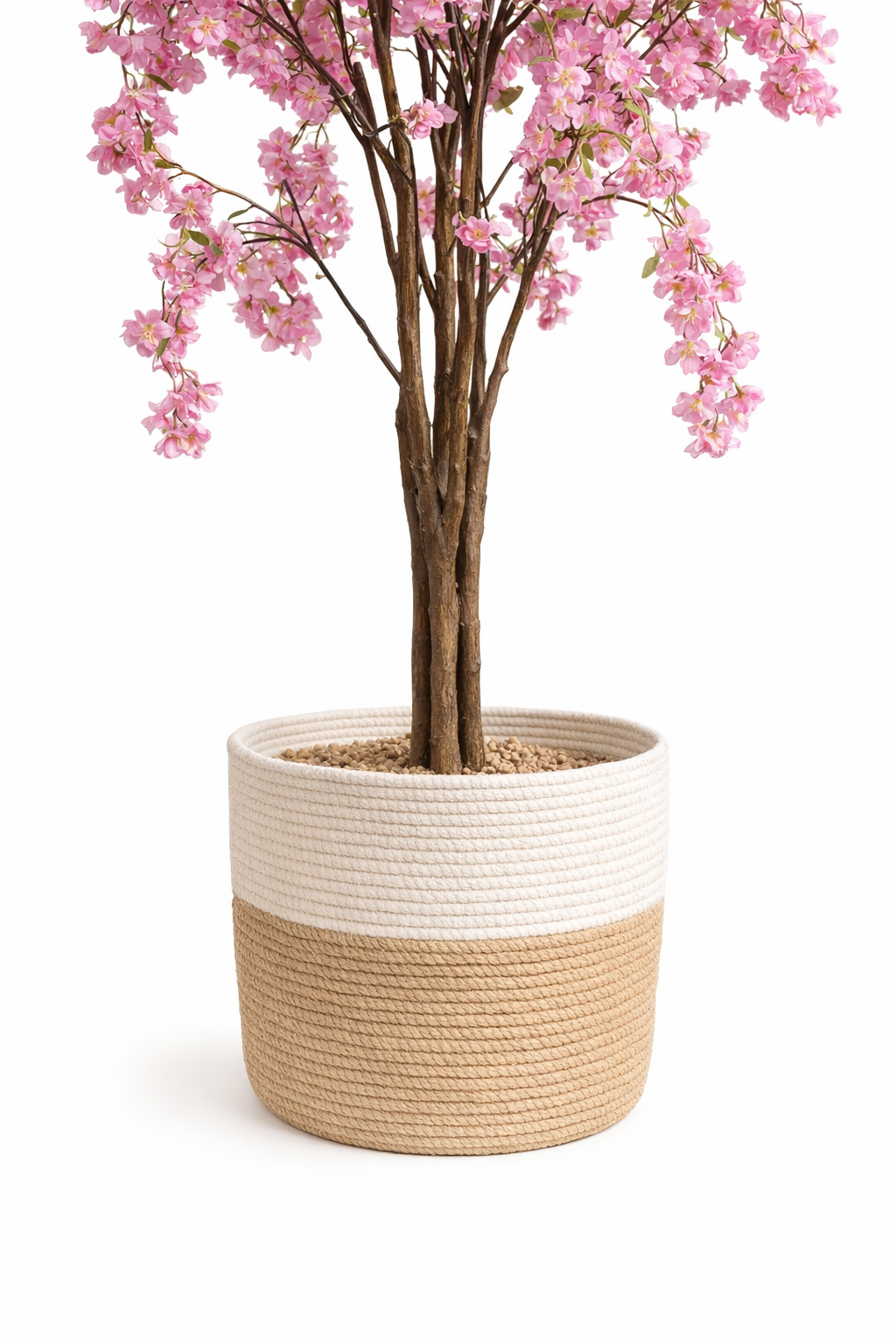 Pink Flowering Artificial Tree in Two-Tone Woven Pot – 155 cm — trunk and original planter close-up