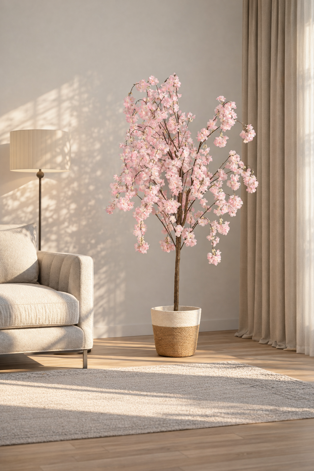 Artificial Pink Cherry Blossom Tree in Woven Pot – 155 cm — interior lifestyle view
