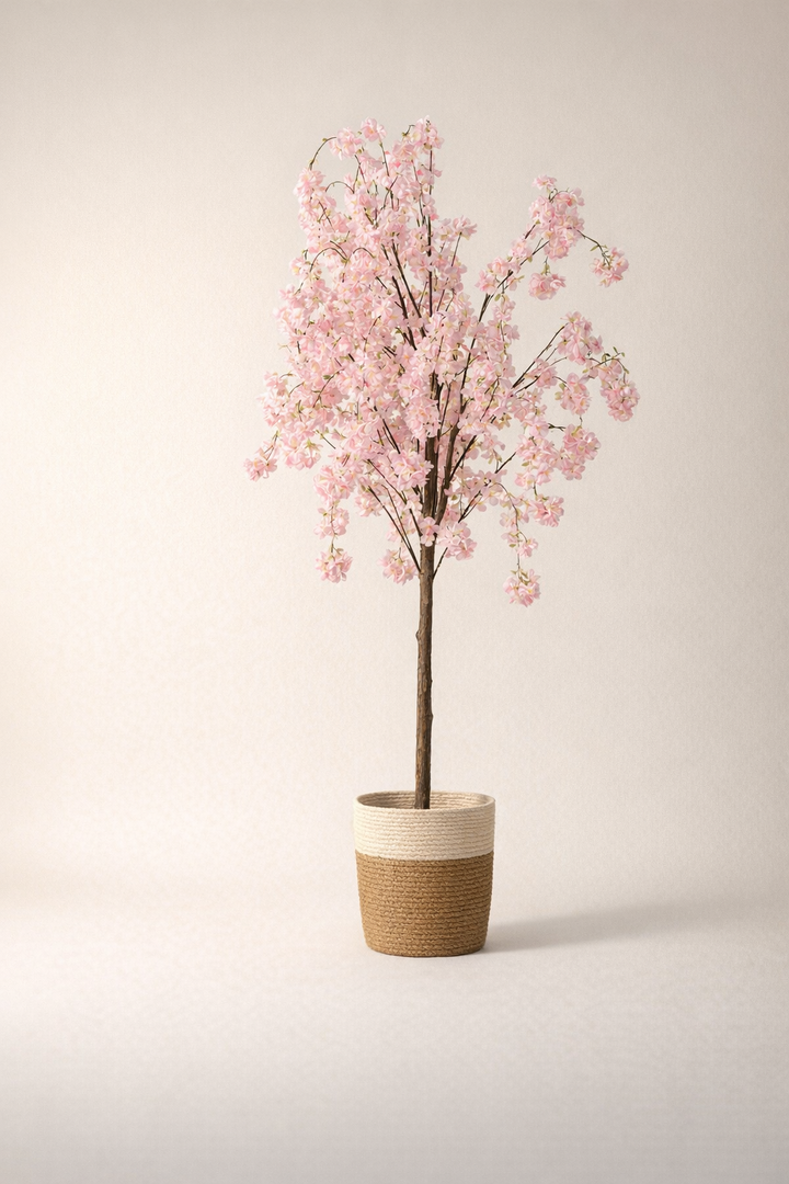 Artificial Pink Cherry Blossom Tree in Woven Pot – 155 cm — full studio view