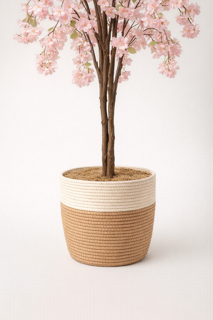 Artificial Pink Cherry Blossom Tree in Woven Pot – 155 cm — trunk and original planter close-up