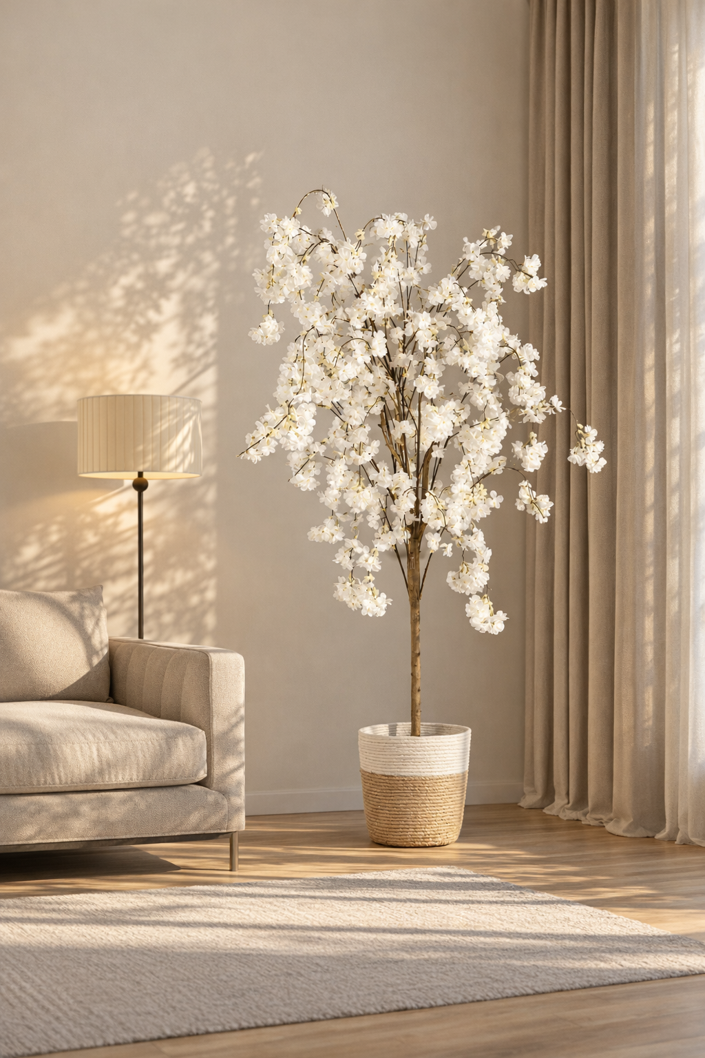 Artificial White Cherry Blossom Tree in Woven Pot – 155 cm — interior lifestyle view