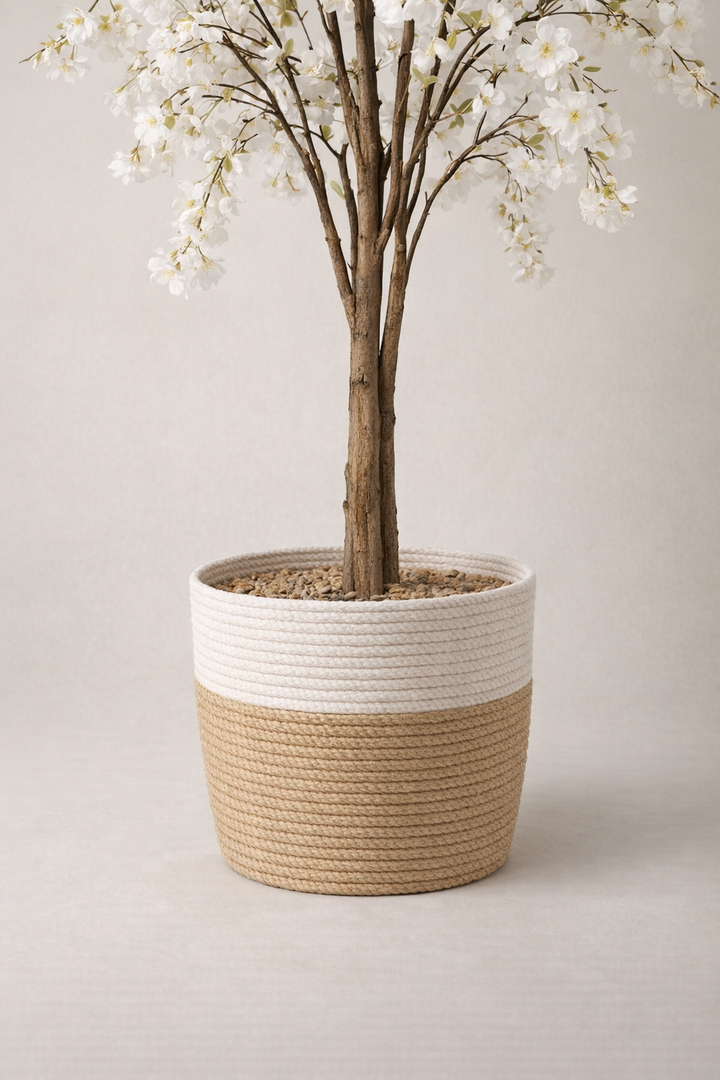 Artificial White Cherry Blossom Tree in Woven Pot – 155 cm — trunk and original planter close-up