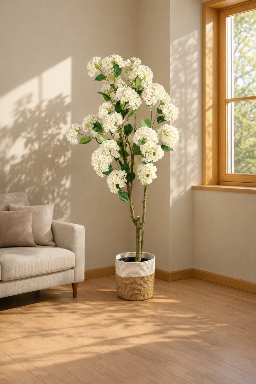 Artificial White Hydrangea Tree in Woven Pot – 160 cm — interior lifestyle view