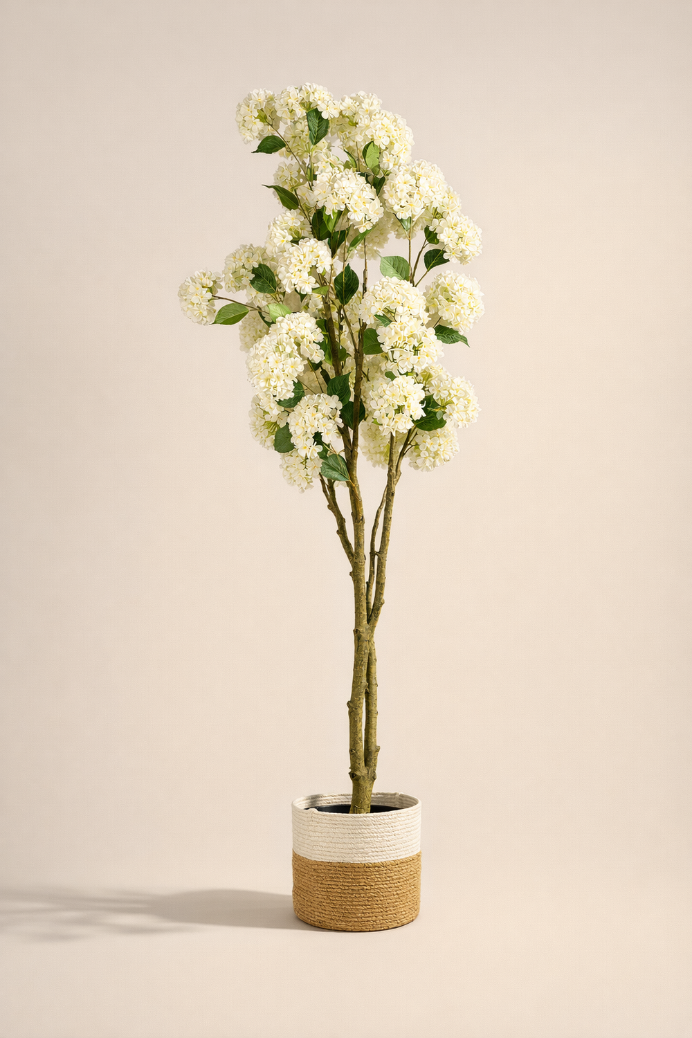 Artificial White Hydrangea Tree in Woven Pot – 160 cm — full studio view