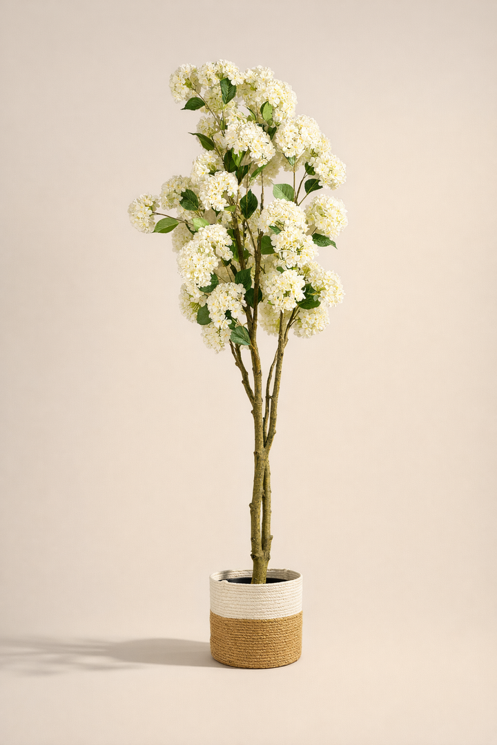 Artificial White Hydrangea Tree in Woven Pot – 160 cm — full studio view