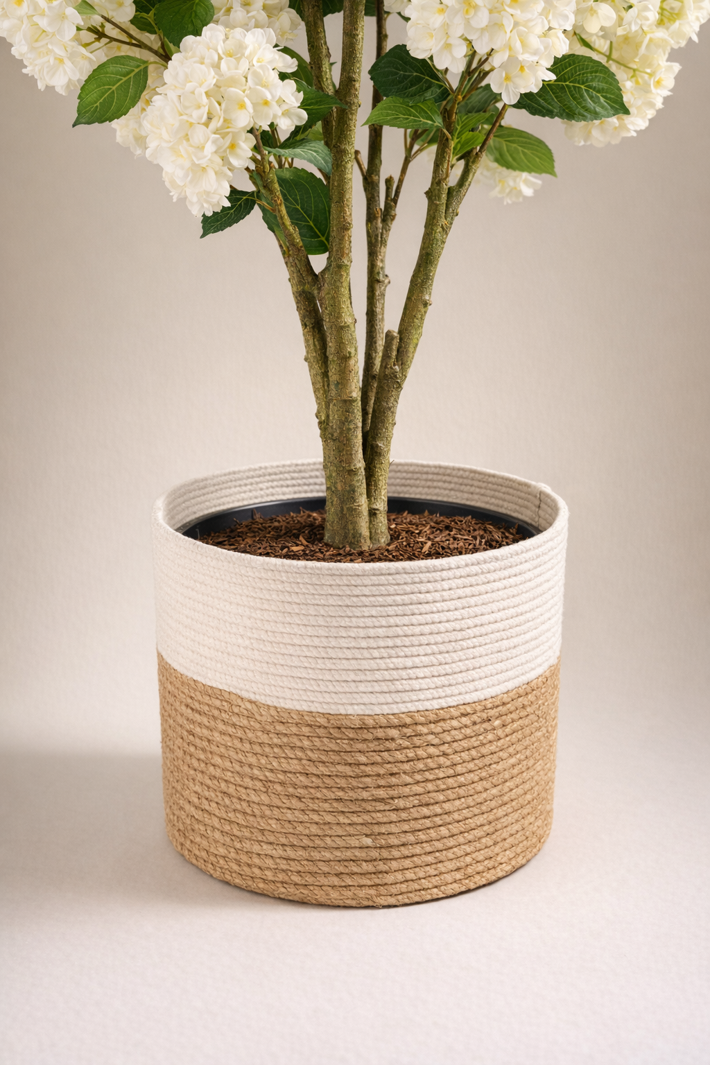 Artificial White Hydrangea Tree in Woven Pot – 160 cm — trunk and original planter close-up