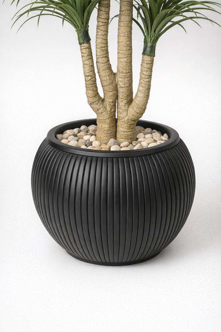 Artificial Multi-Head Dracaena in Black Ribbed Pot – 165 cm — trunk and original planter close-up