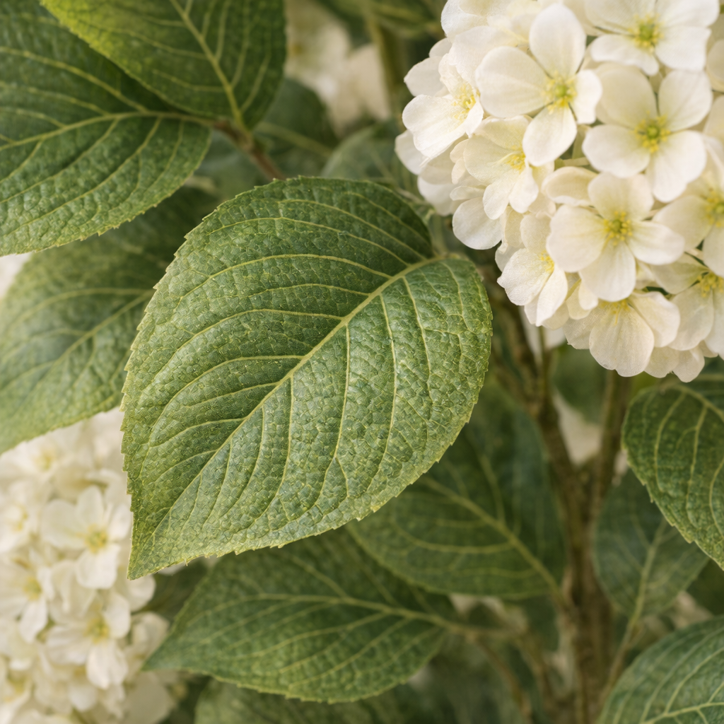 Artificial White Hydrangea Tree in White Ribbed Pot – 165 cm — foliage close-up