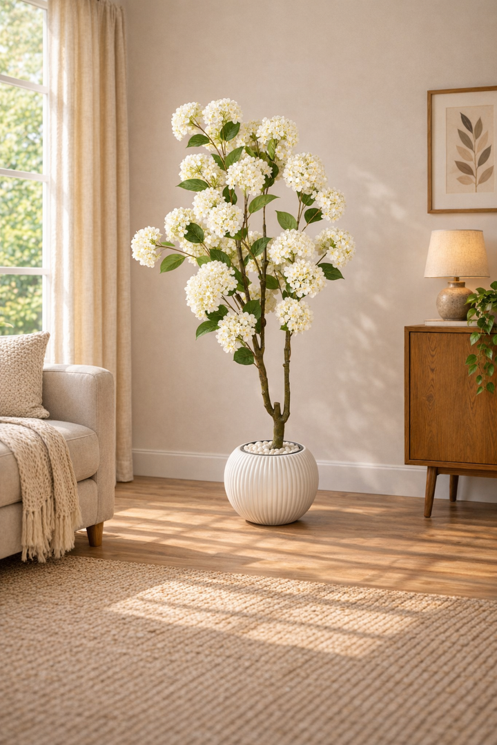 Artificial White Hydrangea Tree in White Ribbed Pot – 165 cm — interior lifestyle view