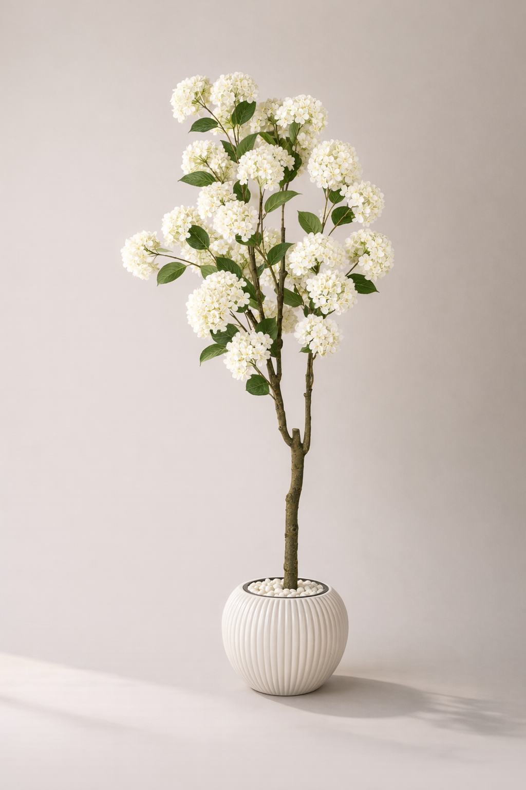 Artificial White Hydrangea Tree in White Ribbed Pot – 165 cm — full studio view