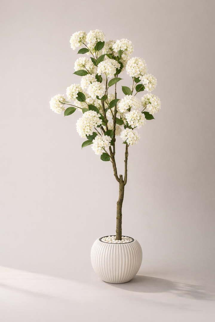 Artificial White Hydrangea Tree in White Ribbed Pot – 165 cm — full studio view