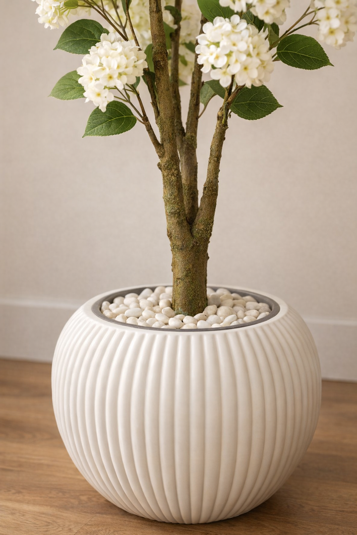 Artificial White Hydrangea Tree in White Ribbed Pot – 165 cm — trunk and original planter close-up