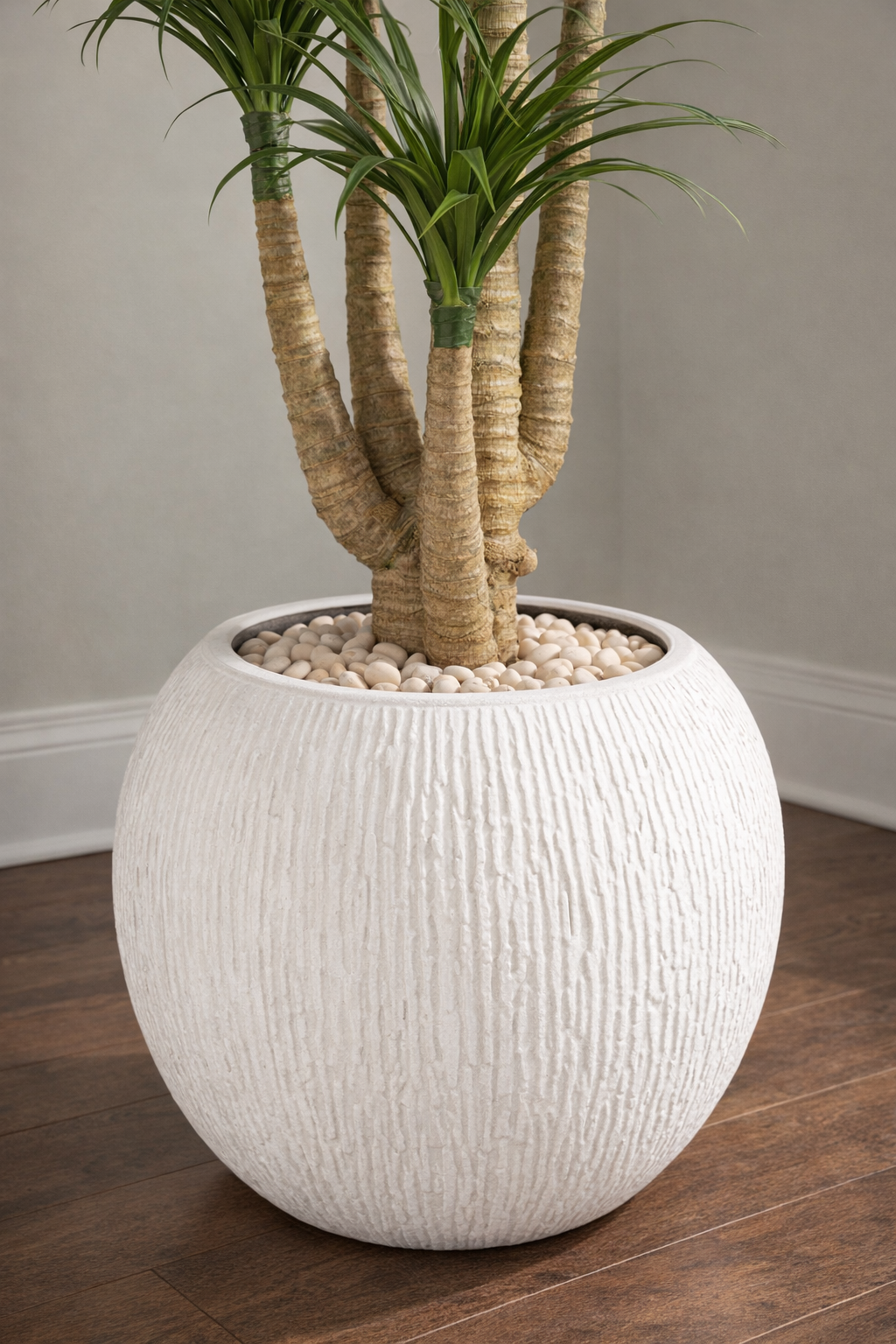 Artificial Multi-Head Dracaena in White Textured Pot – 170 cm — trunk and original planter close-up